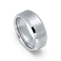 8mm Silver Tungsten Carbide Hammered Wedding Ring Beveled Edges