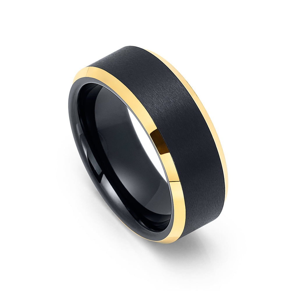 8mm - Black & Gold Tungsten Wedding Band W/ Gold Beveled Edges, Brushed Ring