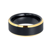 8mm - Black & Gold Tungsten Wedding Band W/ Gold Beveled Edges, Brushed Ring