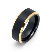 8mm - Black & Gold Tungsten Wedding Band W/ Gold Beveled Edges, Brushed Ring