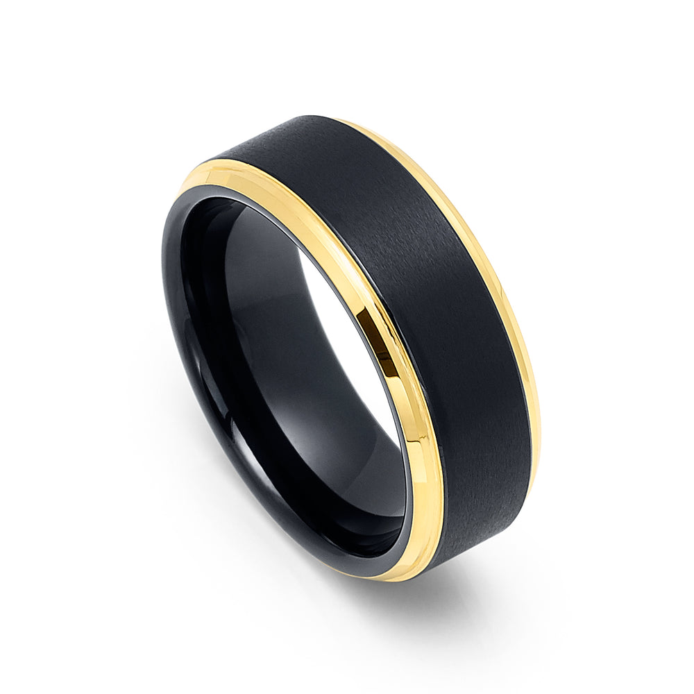 8mm - Tungsten Black & Gold Wedding Band, Stepped Edges, Brushed Ring