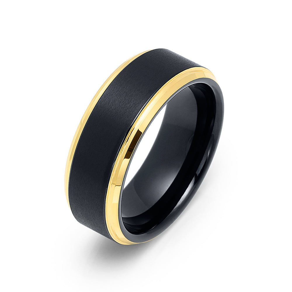 8mm - Tungsten Black & Gold Wedding Band, Stepped Edges, Brushed Ring