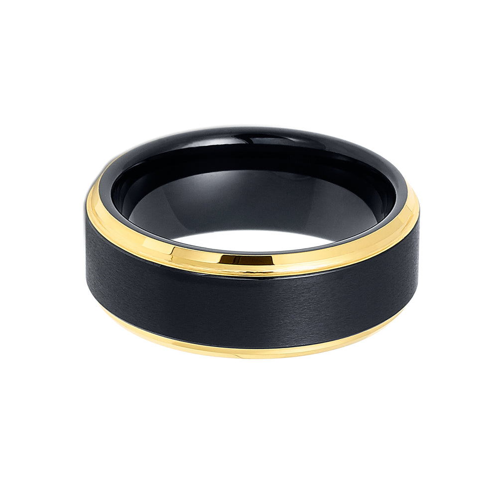 8mm - Tungsten Black & Gold Wedding Band, Stepped Edges, Brushed Ring