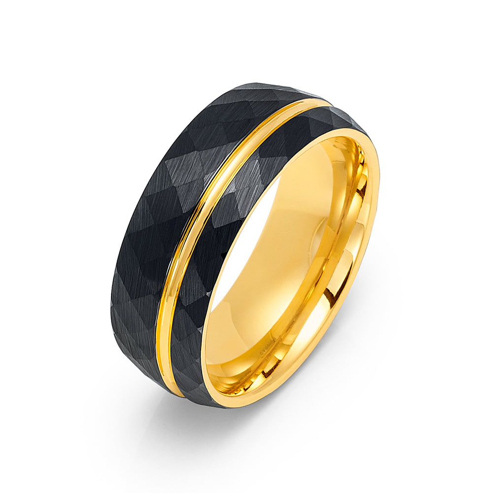 8mm- Brushed Yellow Gold Faceted Black Tungsten Off centered Gold Groove.