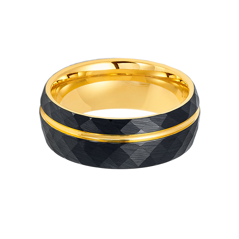 8mm- Brushed Yellow Gold Faceted Black Tungsten Off centered Gold Groove.