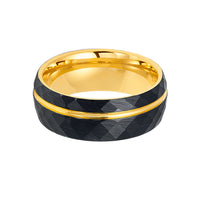 8mm- Brushed Yellow Gold Faceted Black Tungsten Off centered Gold Groove.