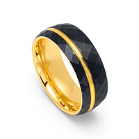 8mm- Brushed Yellow Gold Faceted Black Tungsten Off centered Gold Groove.