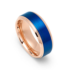 8mm - Tungsten Carbide Ring, Rose Gold and Blue, Brushed Wedding Band. Mens and Womens
