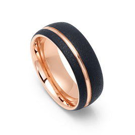 8mm Rose Gold & Black Tungsten Carbide Sand blasted Wedding Ring with Rose Gold Groove
