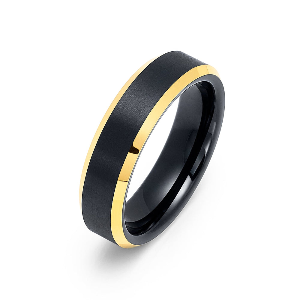 6mm - Black & Gold Tungsten Wedding Band W/ Gold Beveled Edges, Brushed Ring