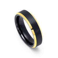 6mm - Black & Gold Tungsten Wedding Band W/ Gold Beveled Edges, Brushed Ring