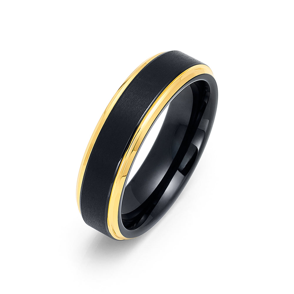6mm - Tungsten Black & Gold Wedding Band, Gold Stepped Edges, Brushed Ring