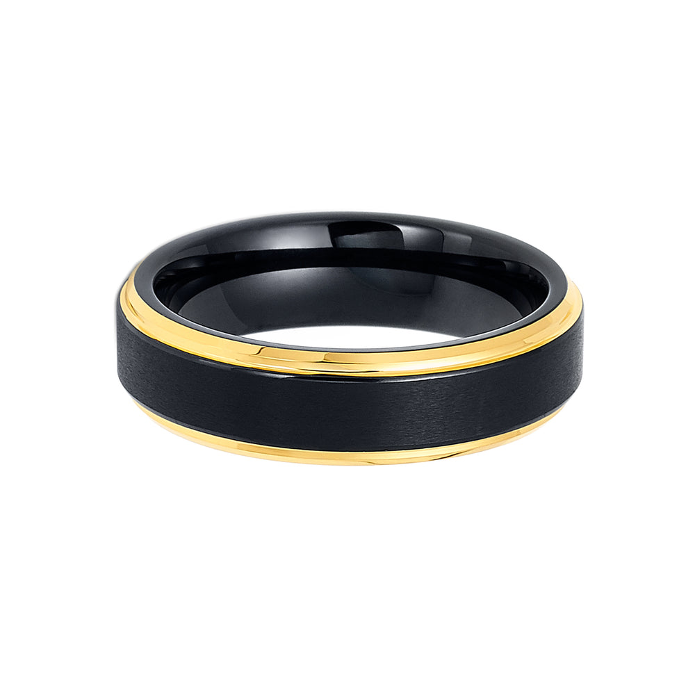6mm - Tungsten Black & Gold Wedding Band, Gold Stepped Edges, Brushed Ring
