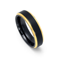 6mm - Tungsten Black & Gold Wedding Band, Gold Stepped Edges, Brushed Ring