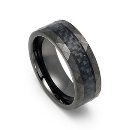 8mm- Black Tungsten Ring W. Center Carbon Fiber & Faceted Sides