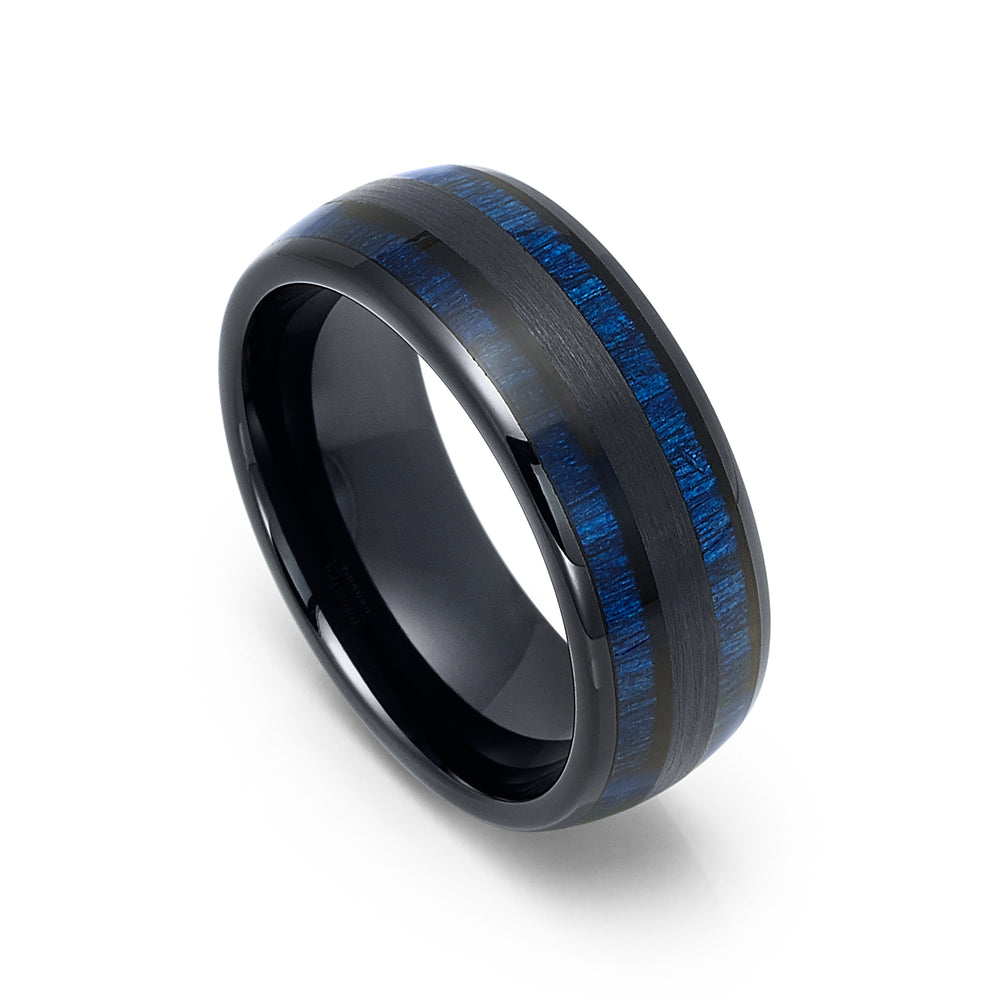 8mm - Tungsten Double Barrel Real Blue Wood Inlay Ring Wedding Band Dome