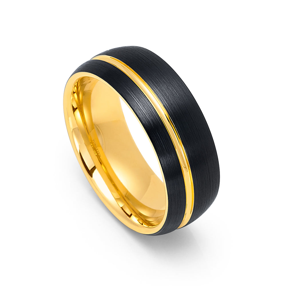 8mm - Black Tungsten Wedding Band 14k Gold Center Groove Inlay Comfort Fit Tungsten Ring