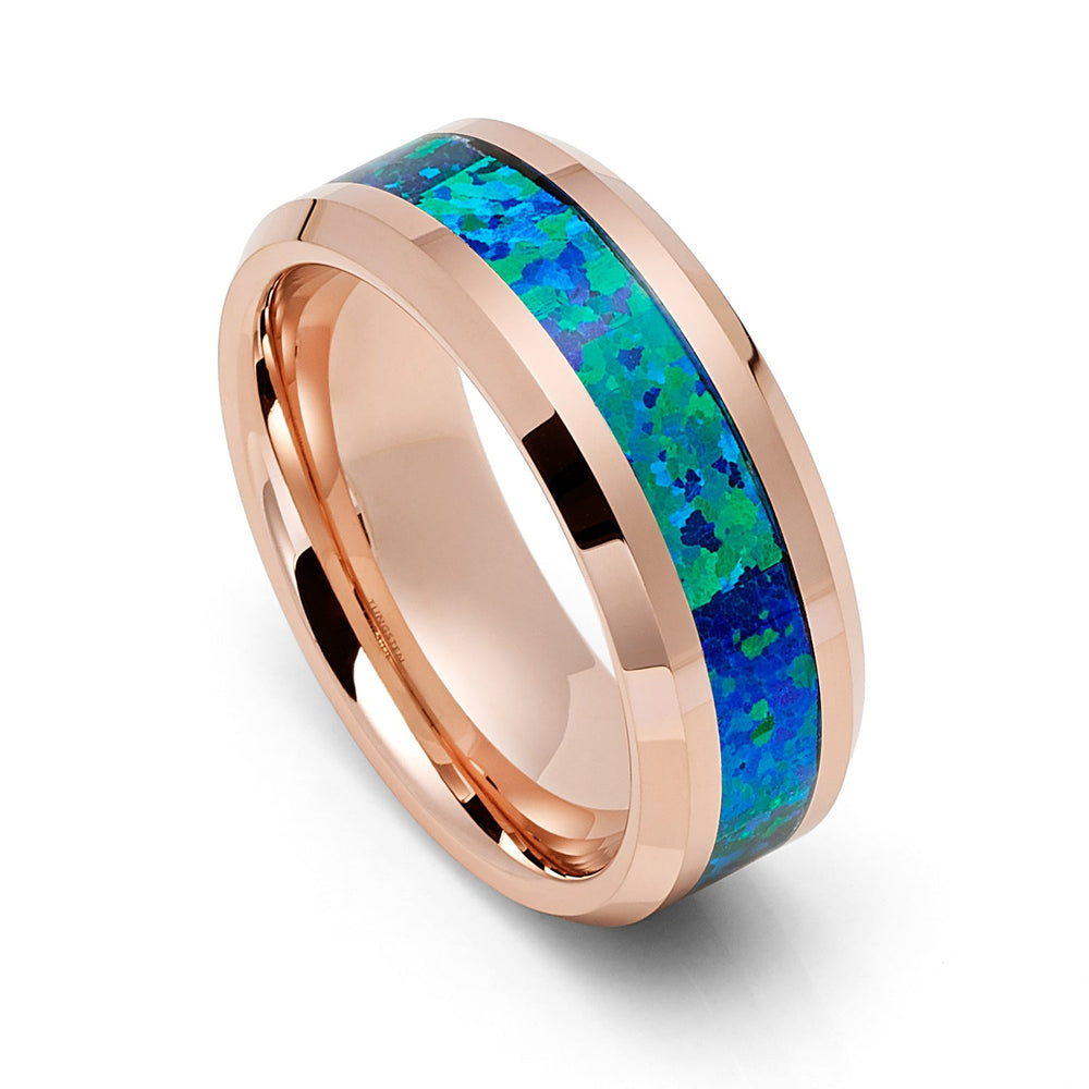 8mm Rose Gold Tungsten Carbide Wedding Band W/ Emerald Green Opal Inlay