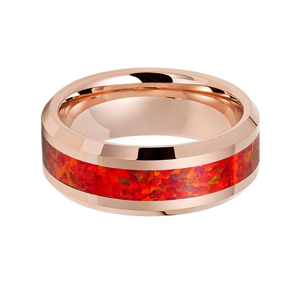 8mm Rose Gold Tungsten Carbide Wedding Band W/ Red Fire Opal Inlay