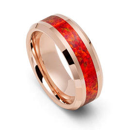 8mm Rose Gold Tungsten Carbide Wedding Band W/ Red Fire Opal Inlay