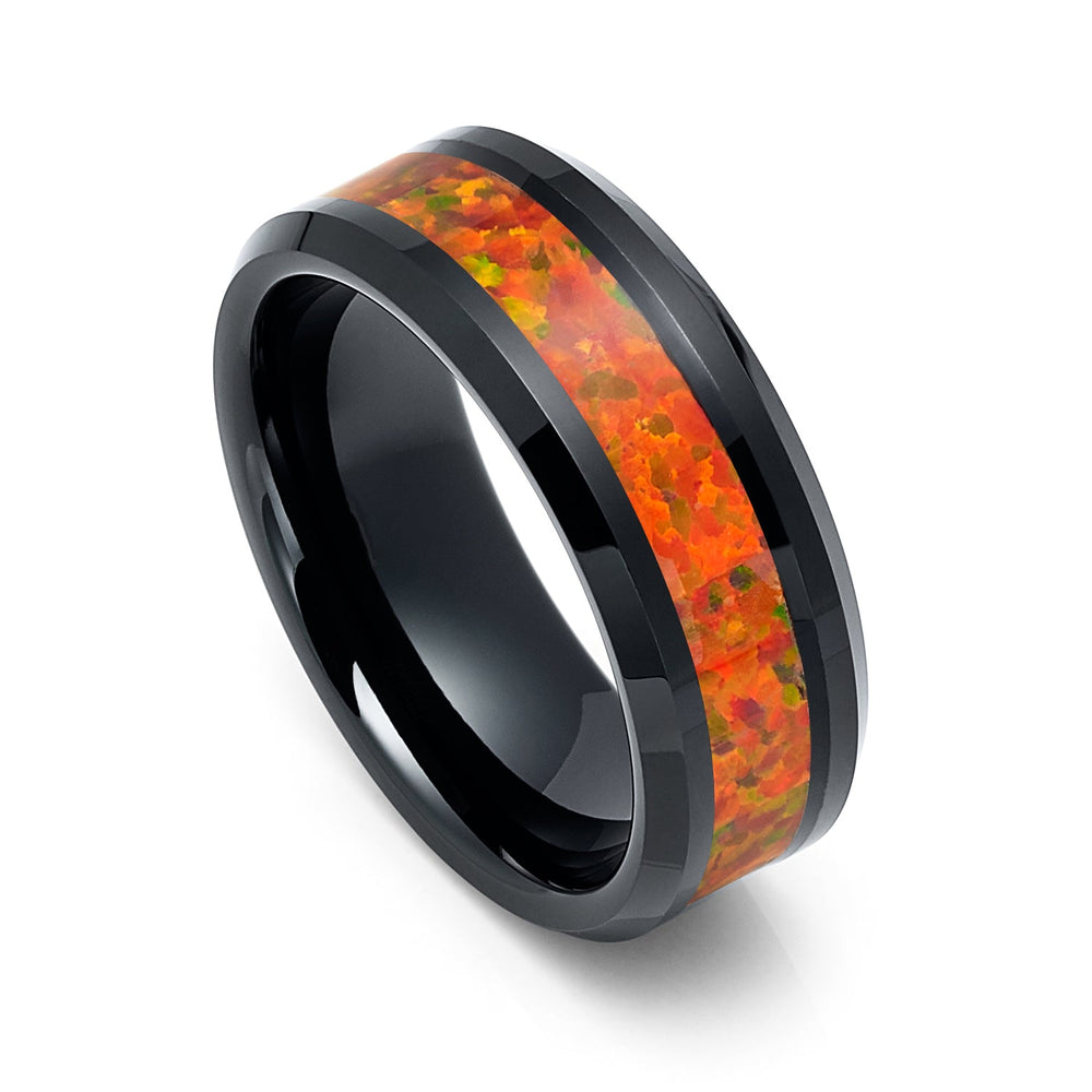 8mm Tungsten Carbide Wedding Band With Orange Opal Inlay