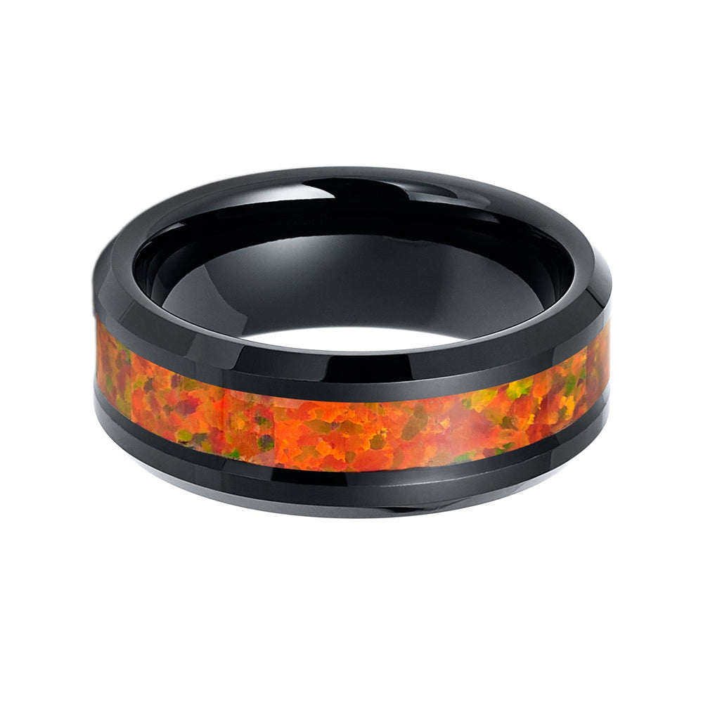 8mm Tungsten Carbide Wedding Band With Orange Opal Inlay