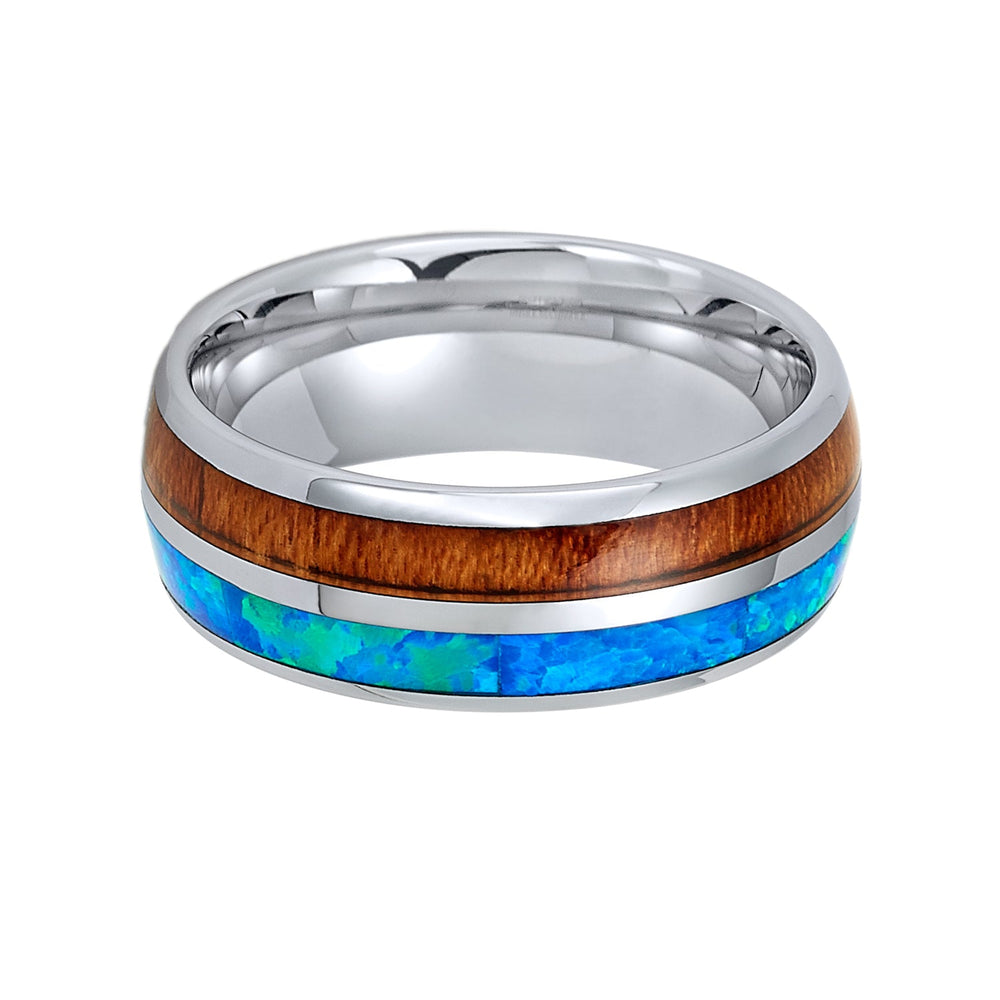 8mm Silver Tungsten Carbide Wedding Band W/ Koa Wood & Blue Opal