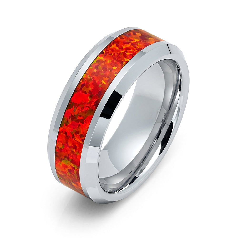 8mm Silver Tungsten Carbide Wedding Band W/ Red Fire Opal Inlay
