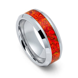 8mm Silver Tungsten Carbide Wedding Band W/ Red Fire Opal Inlay