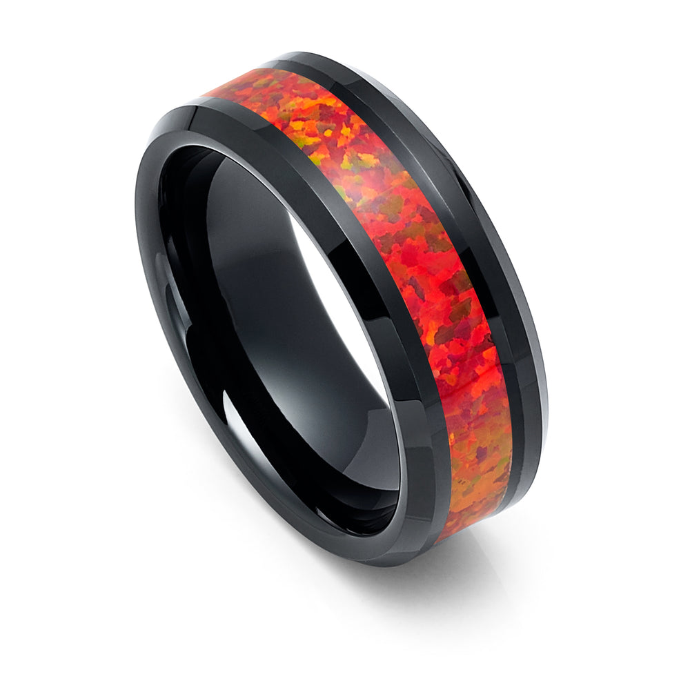 8mm - Black Tungsten Ring, with Red Fire Opal Inlay, Wedding Ring, Red Opal Ring