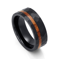 8mm - Black Tungsten Hammered Band with Koa Wood Inlay, Wedding Ring