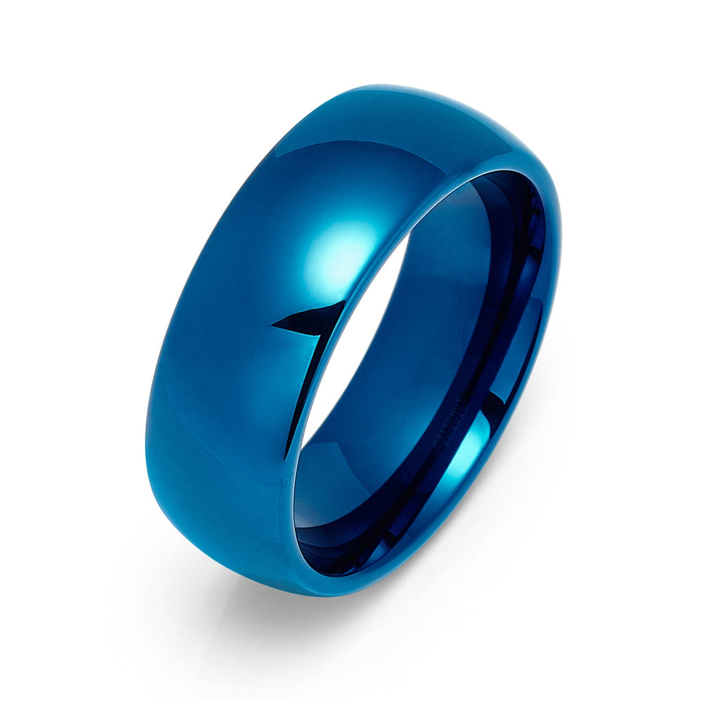 8mm - Blue Tungsten Carbide Wedding Ring, Polished Dome Ring