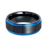8mm - Tungsten Wedding Band Brushed Black & Blue Stepped Edges