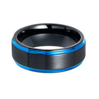 8mm - Tungsten Wedding Band Brushed Black & Blue Stepped Edges