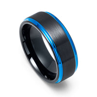 8mm - Tungsten Wedding Band Brushed Black & Blue Stepped Edges