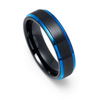 6mm - Tungsten Wedding Band Brushed Black & Blue Stepped Edges