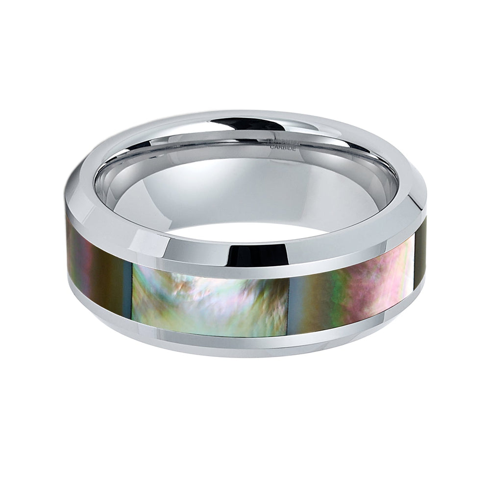 8mm Tungsten Carbide Wedding Band W/ Natural Dark Mother Of Pearl Inlay