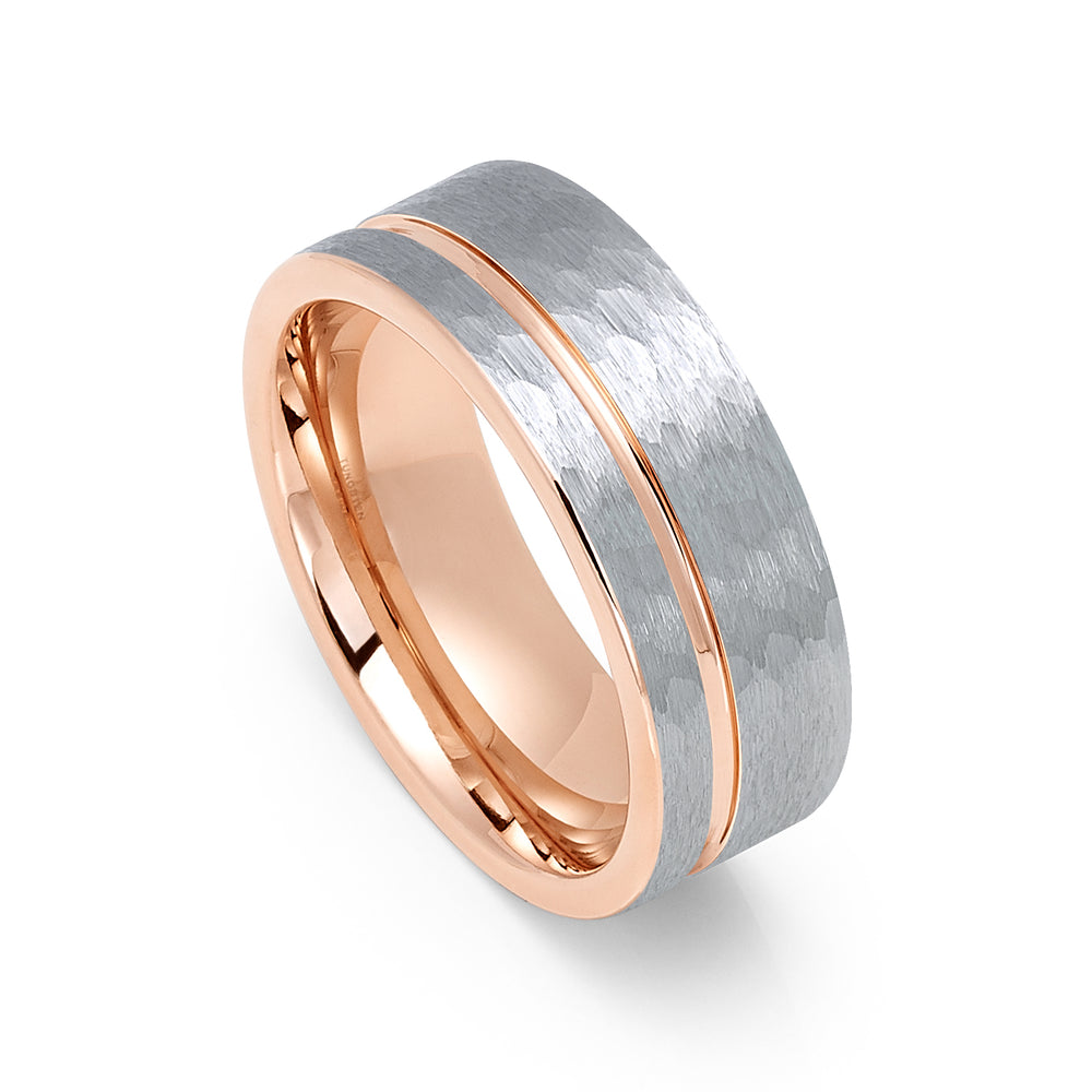 8mm Hammered Brushed Tungsten Carbide Wedding Band with Rose Gold Groove Ring