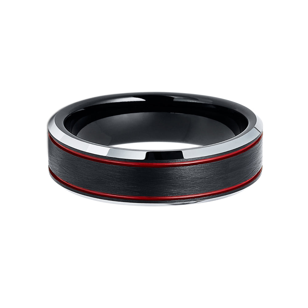 6mm - Red Tungsten Wedding Band Ice Finish With 2 Red Stripes Ring