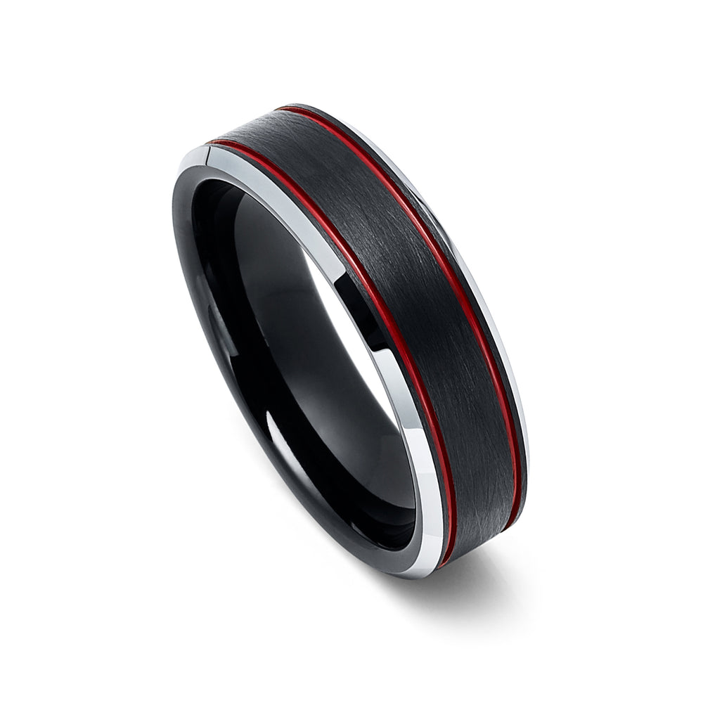 6mm - Red Tungsten Wedding Band Ice Finish With 2 Red Stripes Ring