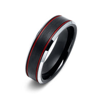 6mm - Red Tungsten Wedding Band Ice Finish With 2 Red Stripes Ring