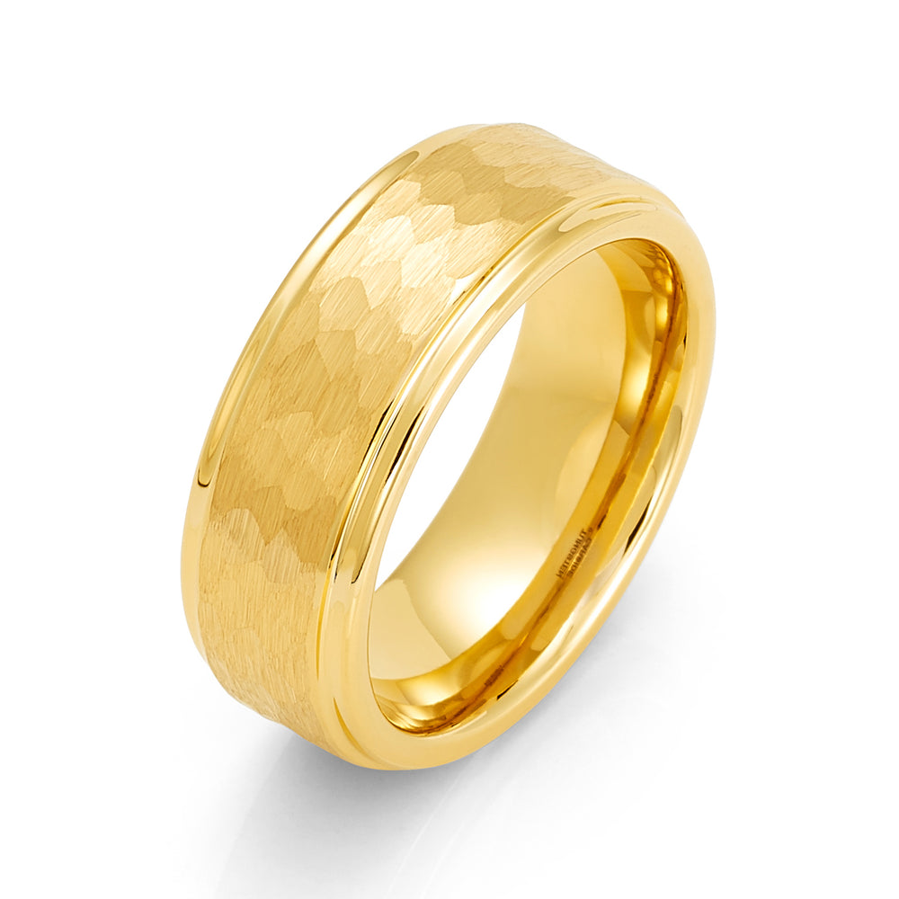 8mm - Yellow Gold Tungsten Hammered Wedding Band Stepped Edges Brush Center