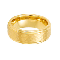 8mm - Yellow Gold Tungsten Hammered Wedding Band Stepped Edges Brush Center