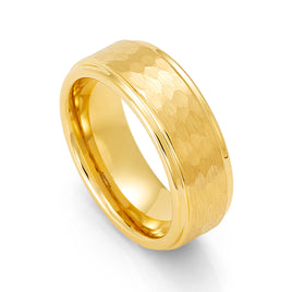 8mm - Yellow Gold Tungsten Hammered Wedding Band Stepped Edges Brush Center