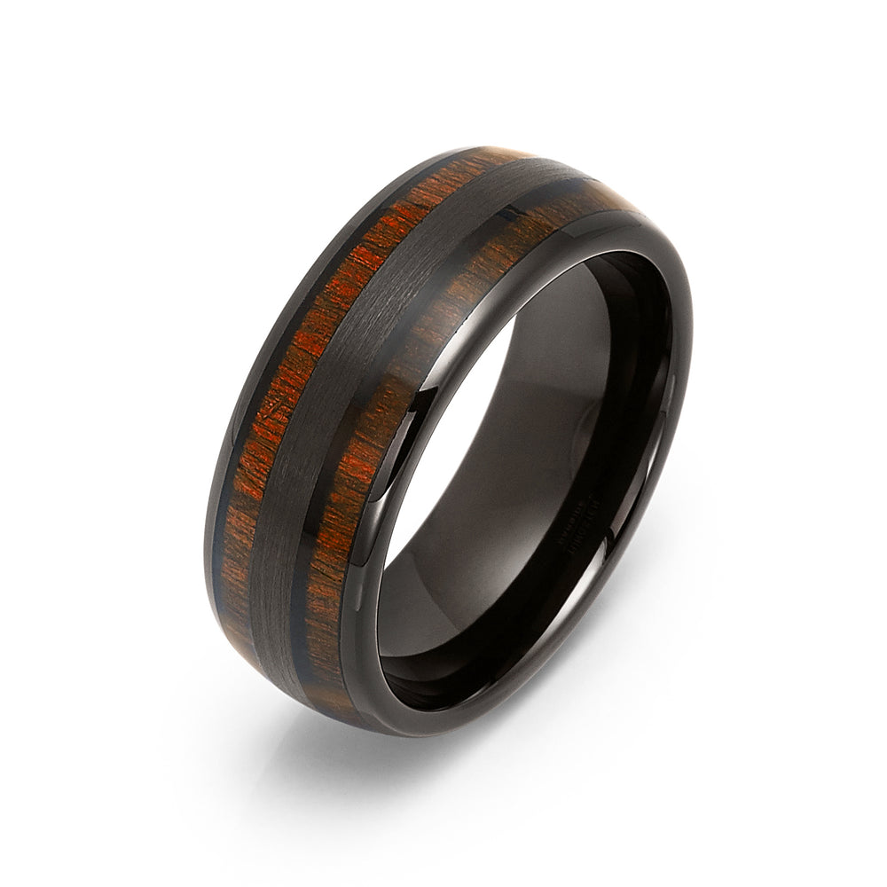 8mm - Tungsten Black Ring, Real Koa Wood Inlay Ring Dome Wedding Band