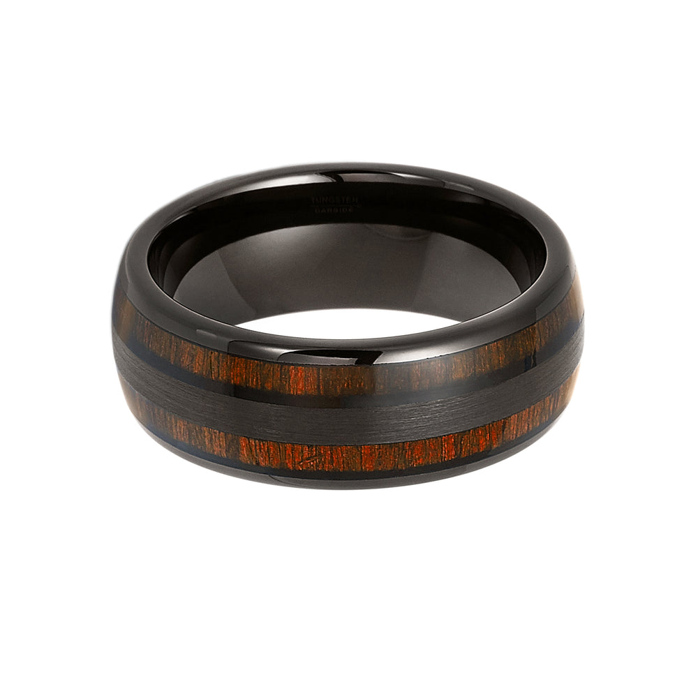 8mm - Tungsten Black Ring, Real Koa Wood Inlay Ring Dome Wedding Band