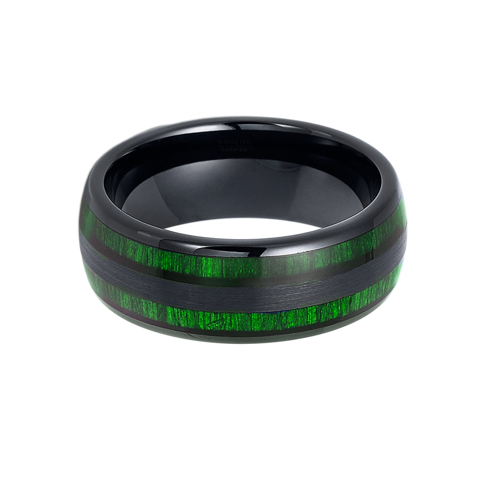 8mm - Tungsten Carbide Ring, Double Barrel Green Jade Wood Inlay, Dome shape,