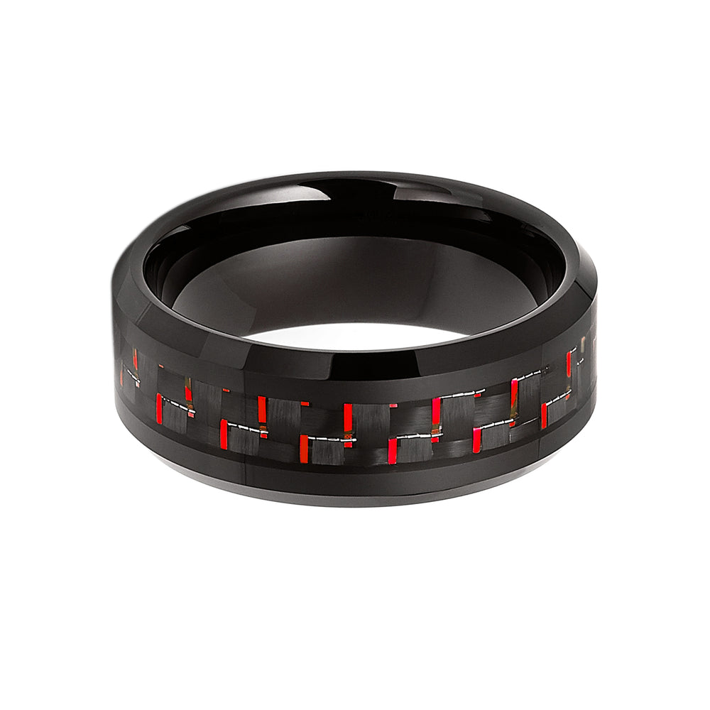 8mm Black Tungsten Carbide Ring With Red Carbon Fiber Inlay