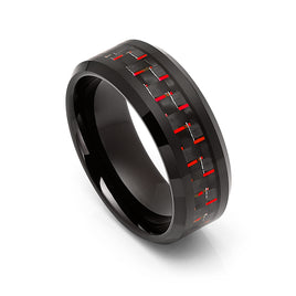 8mm Black Tungsten Carbide Ring With Red Carbon Fiber Inlay