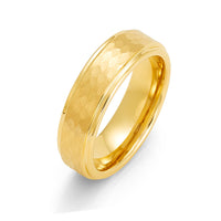 6mm - Yellow Gold Tungsten Hammered Wedding Band Stepped Edges Brush Center